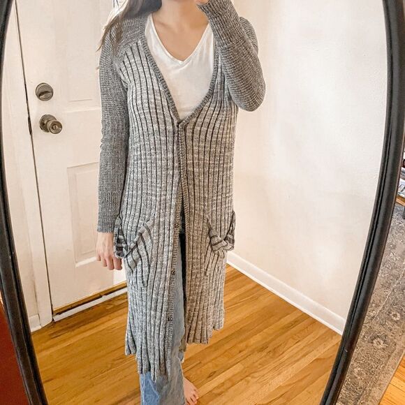 Free People Shadow Stripe Long Cardigan Sweater Grey S - Picture 1 of 8